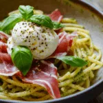 Creamy Pesto Bucatini with Prosciutto and Burrata