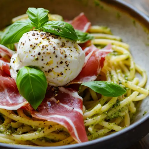 Creamy Pesto Bucatini with Prosciutto and Burrata
