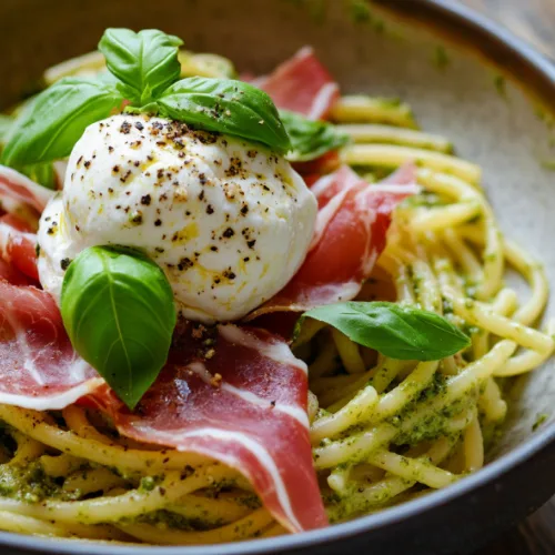 Creamy Pesto Bucatini with Prosciutto and Burrata