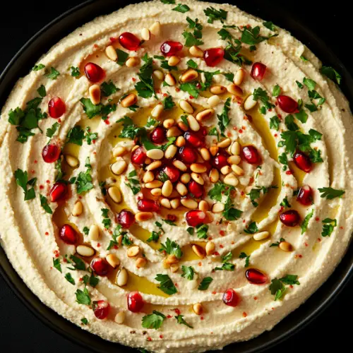 Creamy Hummus with Pine Nuts, Parsley, and Pomegranate