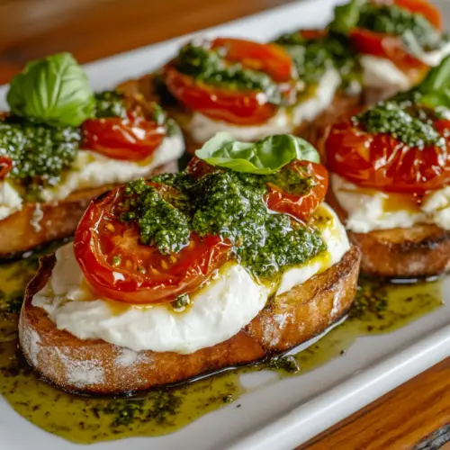 Burrata Crostini with Roasted Cherry Tomatoes & Basil Pesto