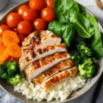 Low Carb Bowl with Chicken, Fresh Vegetables, and Cauliflower Rice