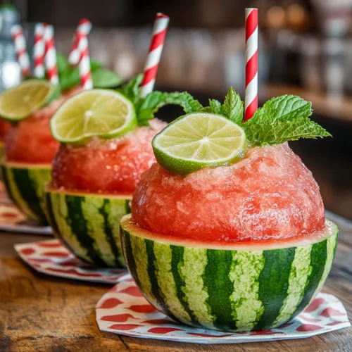 Frozen Watermelon Lime Slush in Mini Melon Bowls