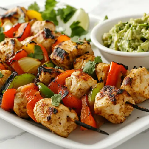 Grilled Chicken Fajita Skewers with Fresh Guacamole