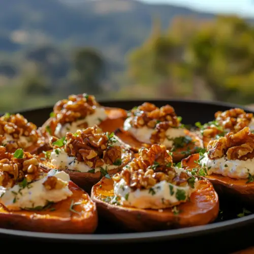 Twice-Baked Sweet Potatoes with Goat Cheese & Candied Walnuts