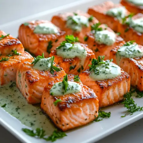 Seared Salmon Bites with Creamy Herb Sauce