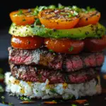 Grilled Steak & Avocado Rice Stack with Charred Tomato