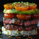 Grilled Steak & Avocado Rice Stack with Charred Tomato