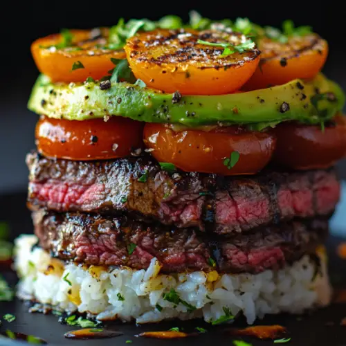 Grilled Steak & Avocado Rice Stack with Charred Tomato