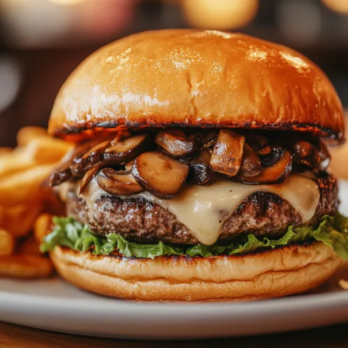 Mushroom Swiss Burger with Creamy Herb Sauce