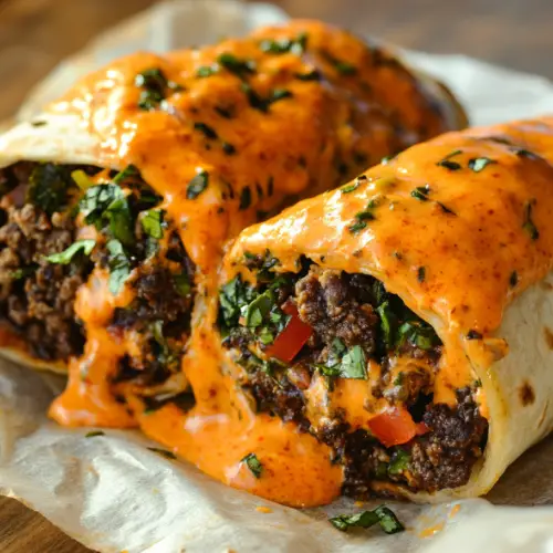 Cheesy Ground Beef Burritos with Chipotle Queso