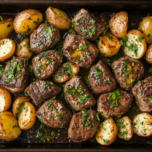 Garlic Herb Butter Steak Bites with Roasted Baby Potatoes