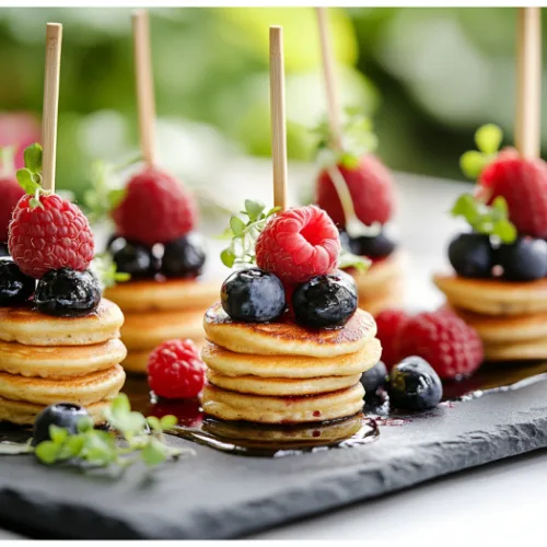 Mini Pancake Stacks with Mixed Berries & Maple Syrup