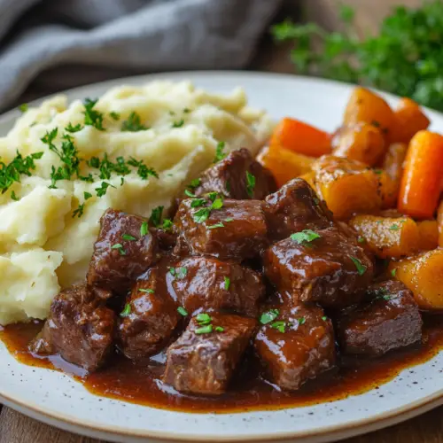 Halal Braised Beef with Mashed Potatoes and Glazed Carrots