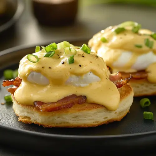 Smoked Bacon Eggs Benedict on Buttermilk Biscuits