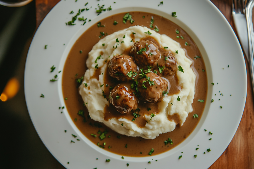 Swedish Meatballs with Creamy Gravy and Mashed Potatoes