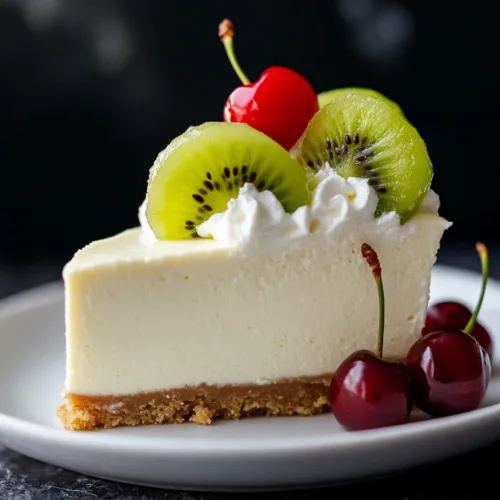 Kiwi Cheesecake with Cherry Garnish