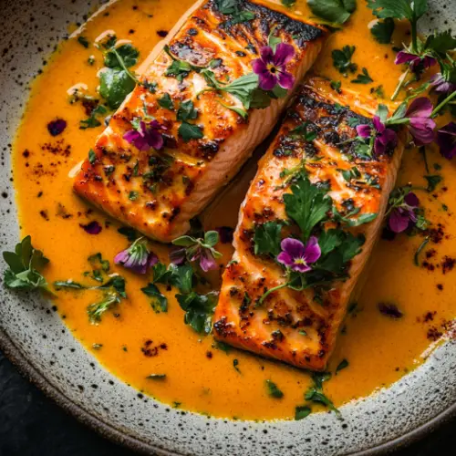 Seared Salmon in Spicy Coconut Curry Sauce