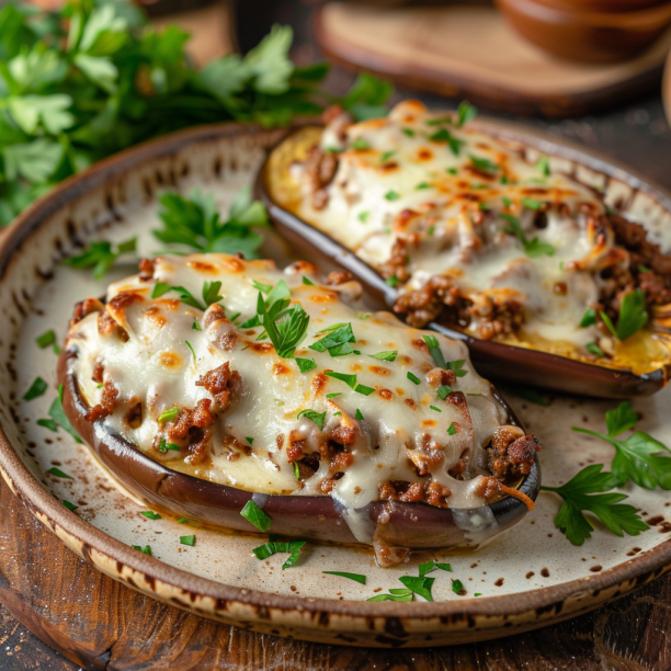 Stuffed Eggplant Boats with Ground Beef and Cheese