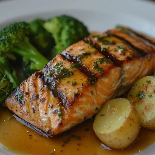 Grilled Salmon with Garlic Herb Butter, Baby Potatoes & Broccoli