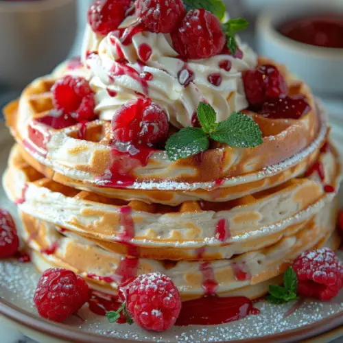Vanilla Waffles with Raspberry Coulis & Cream