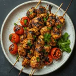 Spiced Chicken Skewers with Charred Peppers & Tomatoes