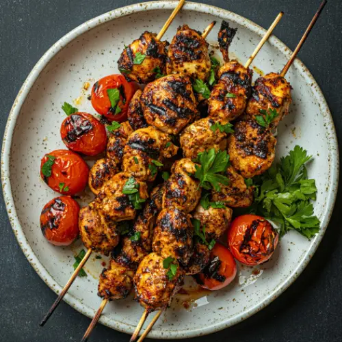 Spiced Chicken Skewers with Charred Peppers & Tomatoes