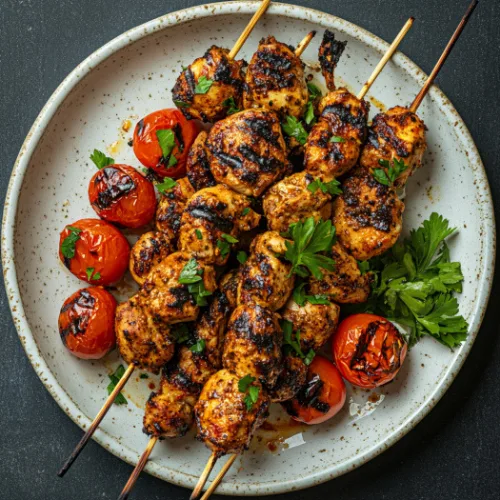 Spiced Chicken Skewers with Charred Peppers & Tomatoes