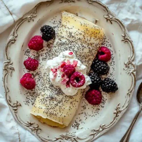 Poppy Seed Crêpes with Sweet Cream and Berries