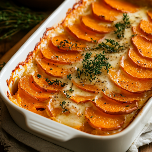 Savory Herb & Garlic Sweet Potato Gratin