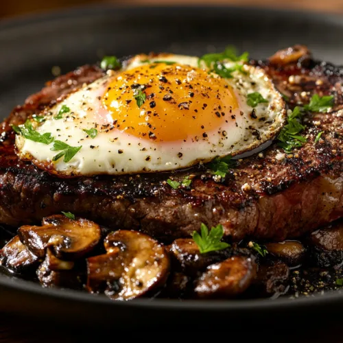 Steak and Eggs with Sautéed Mushrooms