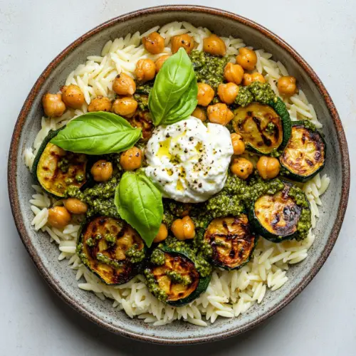 Roasted Zucchini and Chickpeas with Orzo, Pesto & Ricotta