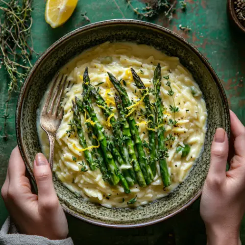 Creamy Lemon Orzo with Sautéed Asparagus