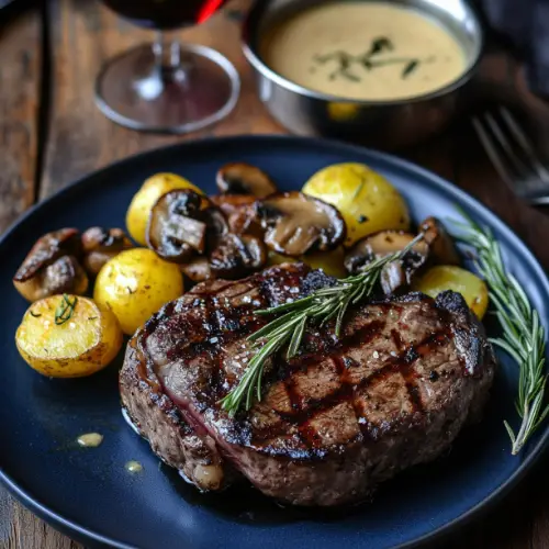 Grilled Ribeye with Garlic Butter Potatoes and Mushrooms
