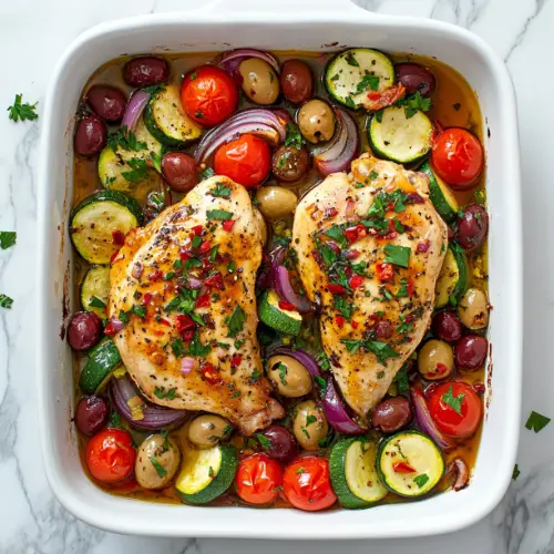 Mediterranean Baked Chicken with Zucchini, Olives & Tomatoes
