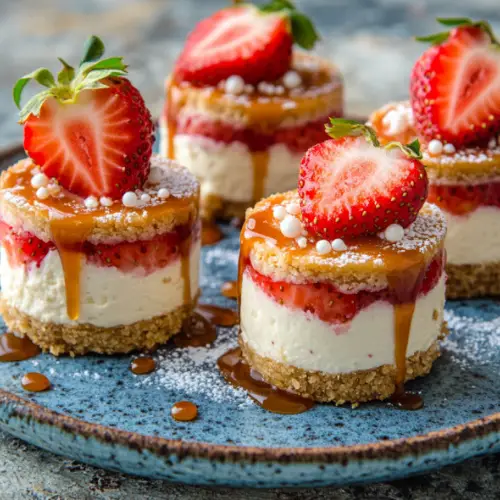 Mini Strawberry Cheesecakes with Caramel Drizzle