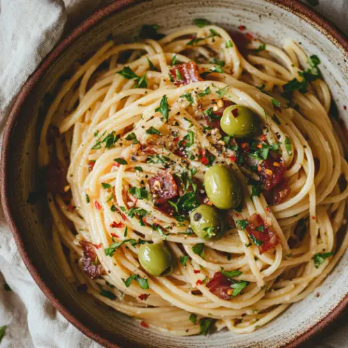 Spaghetti with Green Olives and Crispy Pancetta