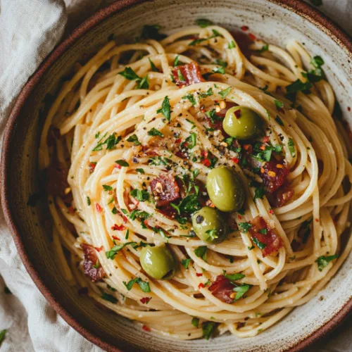 Spaghetti with Green Olives and Crispy Pancetta