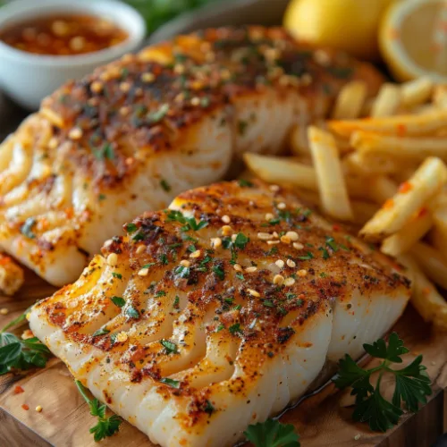 Blackened Cod with Crispy Fries Perfectly seaso