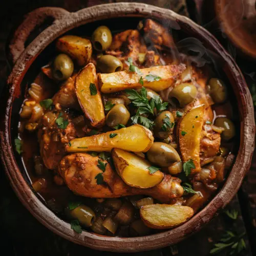 Moroccan Chicken Tagine with Olives and Fries