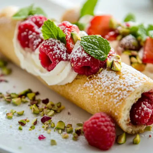 Vanilla Cream Tuile Roll with Fresh Berries
