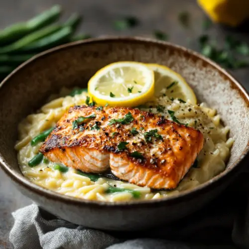 Creamy Garlic Parmesan Orzo with Seared Salmon