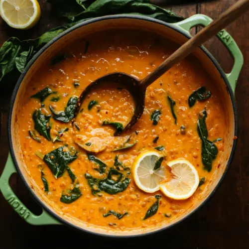 Creamy Coconut Lentil Soup with Spinach and Lemon