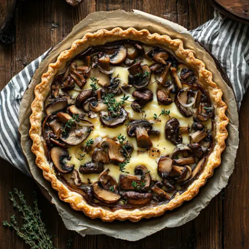 [![Baked brie and wild mushroom tart recipe | delicious. magazine](https://tse1.mm.bing.net/th?id=OIP.3qmu1lwbm_1LOt9MKCKDvAHaJQ&pid=Api)](https://www.deliciousmagazine.co.uk/recipes/baked-brie-and-wild-mushroom-tart/) # Wild Mushroom and Brie Tart A rustic French-style tart filled with creamy Brie, sautéed wild mushrooms, caramelized onions, and herbs, baked to golden perfection in a flaky pastry crust—elegant, earthy, and indulgent. ## Why You’ll Love This Recipe This Wild Mushroom and Brie Tart offers a harmonious blend of earthy mushrooms, rich Brie cheese, and aromatic herbs encased in a buttery pastry. The combination of textures and flavors creates a sophisticated dish suitable for various occasions, from casual gatherings to formal dinners. Its versatility allows it to be served warm or at room temperature, making it a convenient and impressive addition to any menu. ## Ingredients (Tip: You can find the complete list of ingredients and their measurements in the recipe card below.) * 1 sheet shortcrust pastry (store-bought or homemade) * 1 tablespoon butter * 1 small onion, thinly sliced * 2 cups mixed wild mushrooms (e.g., chanterelles, shiitake, cremini), roughly chopped * 1 teaspoon fresh thyme or 1/2 teaspoon dried thyme * Salt and black pepper to taste * 3 eggs * 1/2 cup crème fraîche or heavy cream * 1/4 teaspoon ground nutmeg * 5 ounces Brie cheese, sliced * Fresh parsley, chopped (for garnish) ## Directions 1. Preheat the oven to 375°F (190°C). Roll out the pastry and fit it into a tart tin lined with parchment paper. Prick the base with a fork and pre-bake for 10 minutes. 2. In a skillet, melt the butter and sauté the onions over medium heat until soft and lightly caramelized, about 8 minutes. 3. Add the mushrooms and thyme to the skillet, season with salt and pepper, and cook until the mushrooms are golden and any moisture has evaporated. Set aside to cool slightly. 4. In a bowl, whisk the eggs with crème fraîche or cream, nutmeg, salt, and pepper. 5. Spread the mushroom-onion mixture over the tart crust. Pour the egg mixture over the top and arrange the Brie slices evenly. 6. Bake for 30–35 minutes or until the filling is set and the top is golden. 7. Garnish with fresh parsley. Let cool slightly before slicing. ## Servings and Timing * Servings: 6 * Preparation Time: 15 minutes * Cooking Time: 35 minutes * Total Time: 50 minutes ## Variations * **Cheese Alternatives**: Substitute Brie with Camembert or Taleggio for a different flavor profile. * **Herb Enhancements**: Incorporate fresh rosemary or sage alongside thyme for added depth. * **Vegetable Additions**: Add sautéed spinach or roasted red peppers for extra color and nutrition. * **Pastry Options**: Use puff pastry for a lighter, flakier crust. ## Storage/Reheating * **Refrigeration**: Store leftovers in an airtight container in the refrigerator for up to 3 days. * **Freezing**: Freeze the cooled tart in a freezer-safe container for up to 2 months. * **Reheating**: Reheat in a preheated oven at 350°F (175°C) for 10–15 minutes until warmed through. Avoid microwaving to maintain the crust's crispness. ## FAQs ### Can I use a different type of cheese? Yes, Camembert or Taleggio are excellent substitutes for Brie, offering similar creamy textures and rich flavors. ### What mushrooms work best for this tart? A mix of wild mushrooms like chanterelles, shiitake, and cremini provides a robust, earthy flavor. However, you can use any combination based on availability. ### Can I make the tart ahead of time? Absolutely. Prepare the tart a day in advance and store it in the refrigerator. Reheat in the oven before serving. ### Is it possible to make this tart gluten-free? Yes, use a gluten-free pastry crust to accommodate dietary restrictions. ### How do I prevent the crust from becoming soggy? Pre-baking the crust and ensuring the mushroom mixture is well-cooked to remove excess moisture helps maintain a crisp crust. ### Can I add meat to this tart? Certainly. Cooked bacon or pancetta can be added to the mushroom mixture for a non-vegetarian version. ### What can I serve alongside this tart? A fresh green salad with a light vinaigrette complements the richness of the tart. ### Can I use dried herbs instead of fresh? Yes, but use them sparingly as dried herbs are more concentrated in flavor. ### How do I know when the tart is fully cooked? The filling should be set, and the top should be golden brown. A knife inserted into the center should come out clean. ### Can I use milk instead of cream? While cream provides a richer texture, whole milk can be used as a lighter alternative. ## Conclusion The Wild Mushroom and Brie Tart is a delightful fusion of rich flavors and textures, making it a standout dish for any occasion. Its versatility allows for various adaptations to suit personal preferences and dietary needs. Whether served as a main course or an elegant appetizer, this tart is sure to impress and satisfy.