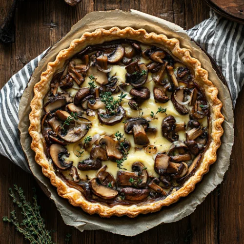 [![Baked brie and wild mushroom tart recipe | delicious. magazine](https://tse1.mm.bing.net/th?id=OIP.3qmu1lwbm_1LOt9MKCKDvAHaJQ&pid=Api)](https://www.deliciousmagazine.co.uk/recipes/baked-brie-and-wild-mushroom-tart/) # Wild Mushroom and Brie Tart A rustic French-style tart filled with creamy Brie, sautéed wild mushrooms, caramelized onions, and herbs, baked to golden perfection in a flaky pastry crust—elegant, earthy, and indulgent. ## Why You’ll Love This Recipe This Wild Mushroom and Brie Tart offers a harmonious blend of earthy mushrooms, rich Brie cheese, and aromatic herbs encased in a buttery pastry. The combination of textures and flavors creates a sophisticated dish suitable for various occasions, from casual gatherings to formal dinners. Its versatility allows it to be served warm or at room temperature, making it a convenient and impressive addition to any menu. ## Ingredients (Tip: You can find the complete list of ingredients and their measurements in the recipe card below.) * 1 sheet shortcrust pastry (store-bought or homemade) * 1 tablespoon butter * 1 small onion, thinly sliced * 2 cups mixed wild mushrooms (e.g., chanterelles, shiitake, cremini), roughly chopped * 1 teaspoon fresh thyme or 1/2 teaspoon dried thyme * Salt and black pepper to taste * 3 eggs * 1/2 cup crème fraîche or heavy cream * 1/4 teaspoon ground nutmeg * 5 ounces Brie cheese, sliced * Fresh parsley, chopped (for garnish) ## Directions 1. Preheat the oven to 375°F (190°C). Roll out the pastry and fit it into a tart tin lined with parchment paper. Prick the base with a fork and pre-bake for 10 minutes. 2. In a skillet, melt the butter and sauté the onions over medium heat until soft and lightly caramelized, about 8 minutes. 3. Add the mushrooms and thyme to the skillet, season with salt and pepper, and cook until the mushrooms are golden and any moisture has evaporated. Set aside to cool slightly. 4. In a bowl, whisk the eggs with crème fraîche or cream, nutmeg, salt, and pepper. 5. Spread the mushroom-onion mixture over the tart crust. Pour the egg mixture over the top and arrange the Brie slices evenly. 6. Bake for 30–35 minutes or until the filling is set and the top is golden. 7. Garnish with fresh parsley. Let cool slightly before slicing. ## Servings and Timing * Servings: 6 * Preparation Time: 15 minutes * Cooking Time: 35 minutes * Total Time: 50 minutes ## Variations * **Cheese Alternatives**: Substitute Brie with Camembert or Taleggio for a different flavor profile. * **Herb Enhancements**: Incorporate fresh rosemary or sage alongside thyme for added depth. * **Vegetable Additions**: Add sautéed spinach or roasted red peppers for extra color and nutrition. * **Pastry Options**: Use puff pastry for a lighter, flakier crust. ## Storage/Reheating * **Refrigeration**: Store leftovers in an airtight container in the refrigerator for up to 3 days. * **Freezing**: Freeze the cooled tart in a freezer-safe container for up to 2 months. * **Reheating**: Reheat in a preheated oven at 350°F (175°C) for 10–15 minutes until warmed through. Avoid microwaving to maintain the crust's crispness. ## FAQs ### Can I use a different type of cheese? Yes, Camembert or Taleggio are excellent substitutes for Brie, offering similar creamy textures and rich flavors. ### What mushrooms work best for this tart? A mix of wild mushrooms like chanterelles, shiitake, and cremini provides a robust, earthy flavor. However, you can use any combination based on availability. ### Can I make the tart ahead of time? Absolutely. Prepare the tart a day in advance and store it in the refrigerator. Reheat in the oven before serving. ### Is it possible to make this tart gluten-free? Yes, use a gluten-free pastry crust to accommodate dietary restrictions. ### How do I prevent the crust from becoming soggy? Pre-baking the crust and ensuring the mushroom mixture is well-cooked to remove excess moisture helps maintain a crisp crust. ### Can I add meat to this tart? Certainly. Cooked bacon or pancetta can be added to the mushroom mixture for a non-vegetarian version. ### What can I serve alongside this tart? A fresh green salad with a light vinaigrette complements the richness of the tart. ### Can I use dried herbs instead of fresh? Yes, but use them sparingly as dried herbs are more concentrated in flavor. ### How do I know when the tart is fully cooked? The filling should be set, and the top should be golden brown. A knife inserted into the center should come out clean. ### Can I use milk instead of cream? While cream provides a richer texture, whole milk can be used as a lighter alternative. ## Conclusion The Wild Mushroom and Brie Tart is a delightful fusion of rich flavors and textures, making it a standout dish for any occasion. Its versatility allows for various adaptations to suit personal preferences and dietary needs. Whether served as a main course or an elegant appetizer, this tart is sure to impress and satisfy.