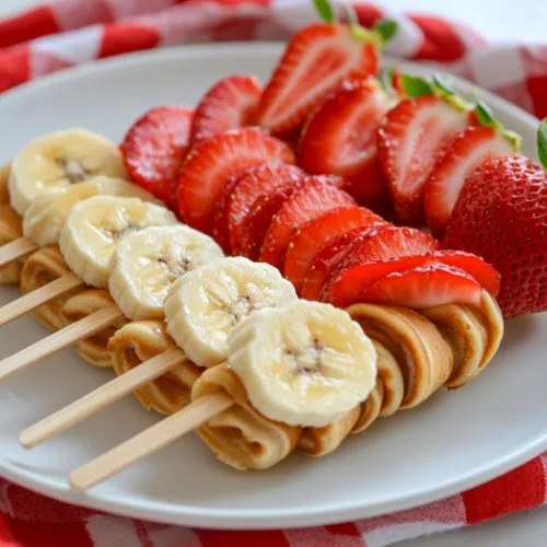Peanut Butter & Fruit Pancake Skewers