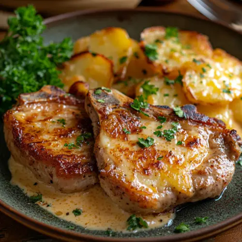 Pan-Seared Pork Chops with Cheesy Scalloped Potatoes