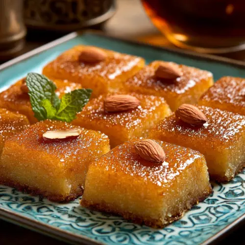 Middle Eastern Basbousa (Semolina Cake with Syrup and Almonds)