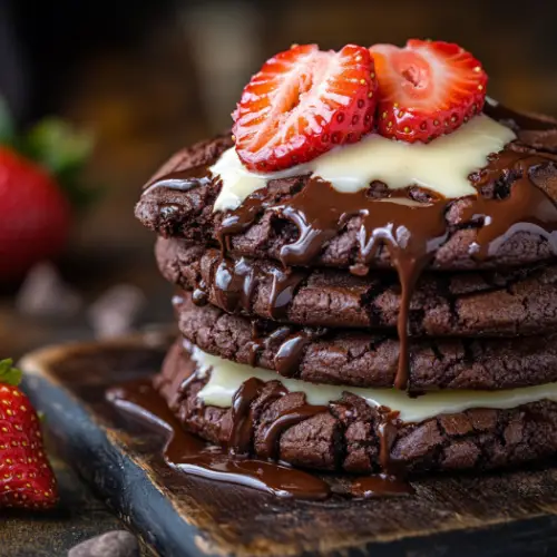 Double Chocolate Chunk Cookies with Strawberry Sauce
