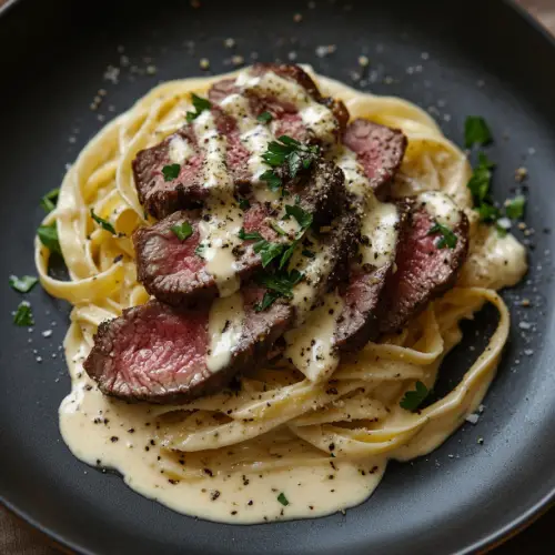 Creamy Garlic Steak Fettuccine